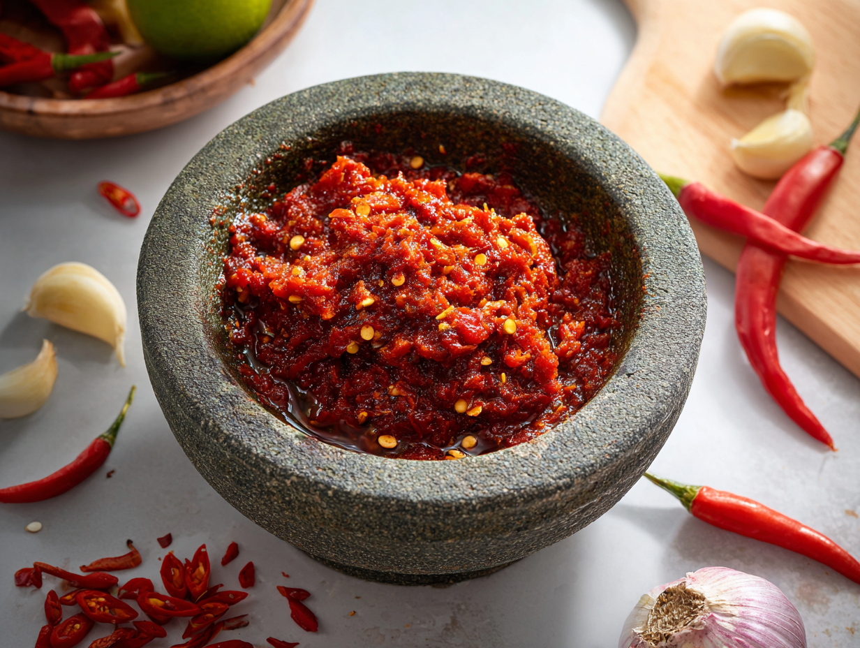 Traditioneel gestampte sambal Oelek met verse rode pepers in een stenen vijzel